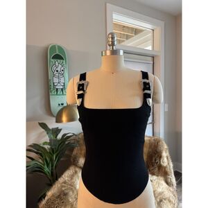Black Ribbed Buckle Strap Bodysuit